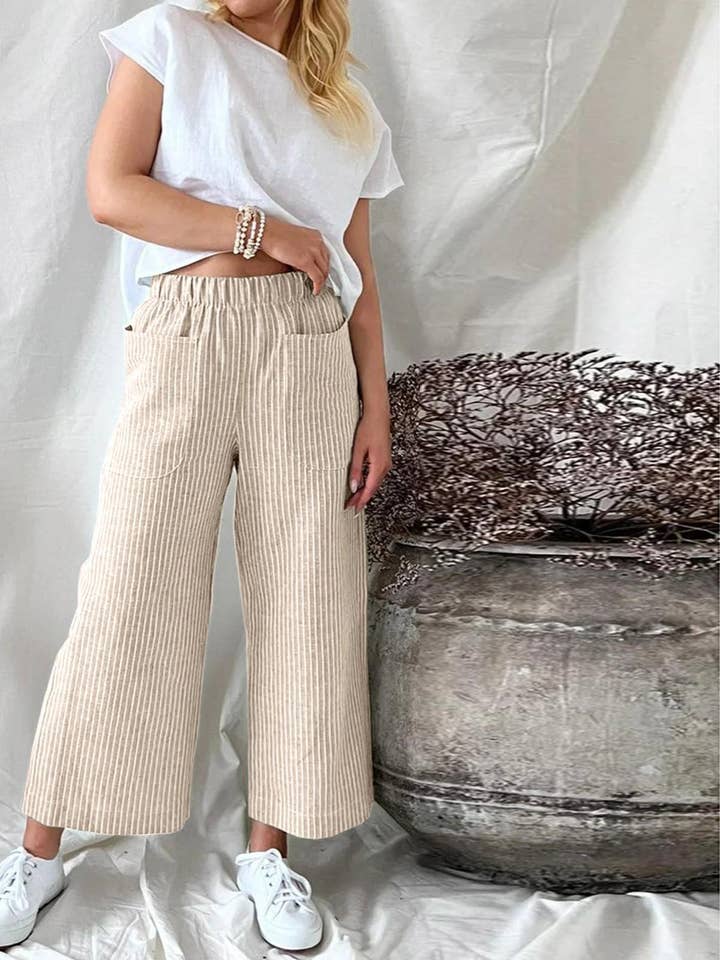 Women's Striped Pocket Fashion Casual Wide Leg Pants for wholesale by Rosa Clothing