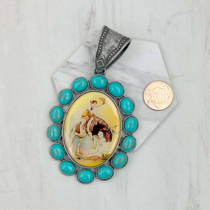 Western Elite Jewelry - Wholesale Individual Charm/Pendant - PD231210SL-09                 silver metal with blue turquoise stone oval cowboy Pendent2
