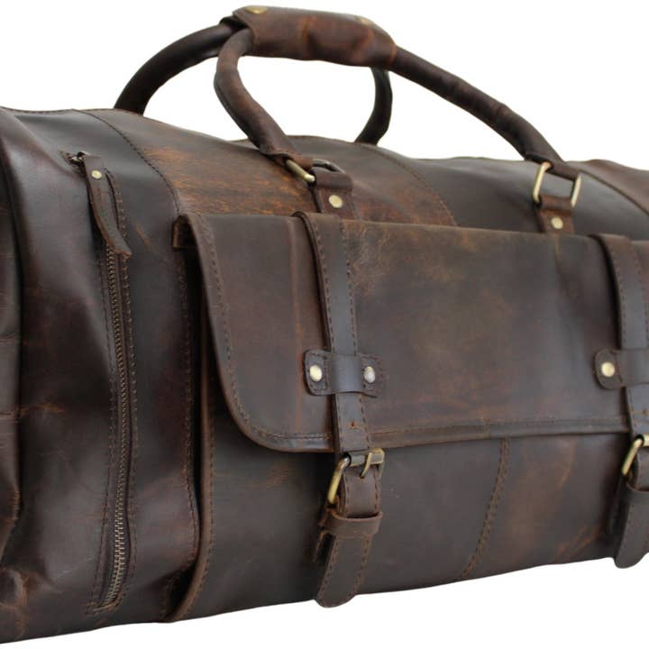 hide & chic - Wholesale Weekender bag – Unisex - Quality Full Grain Genuine Leather Travel Bag with Adjustable Shoulder Strap. FREE Leather Apple Air-tag Holder.14