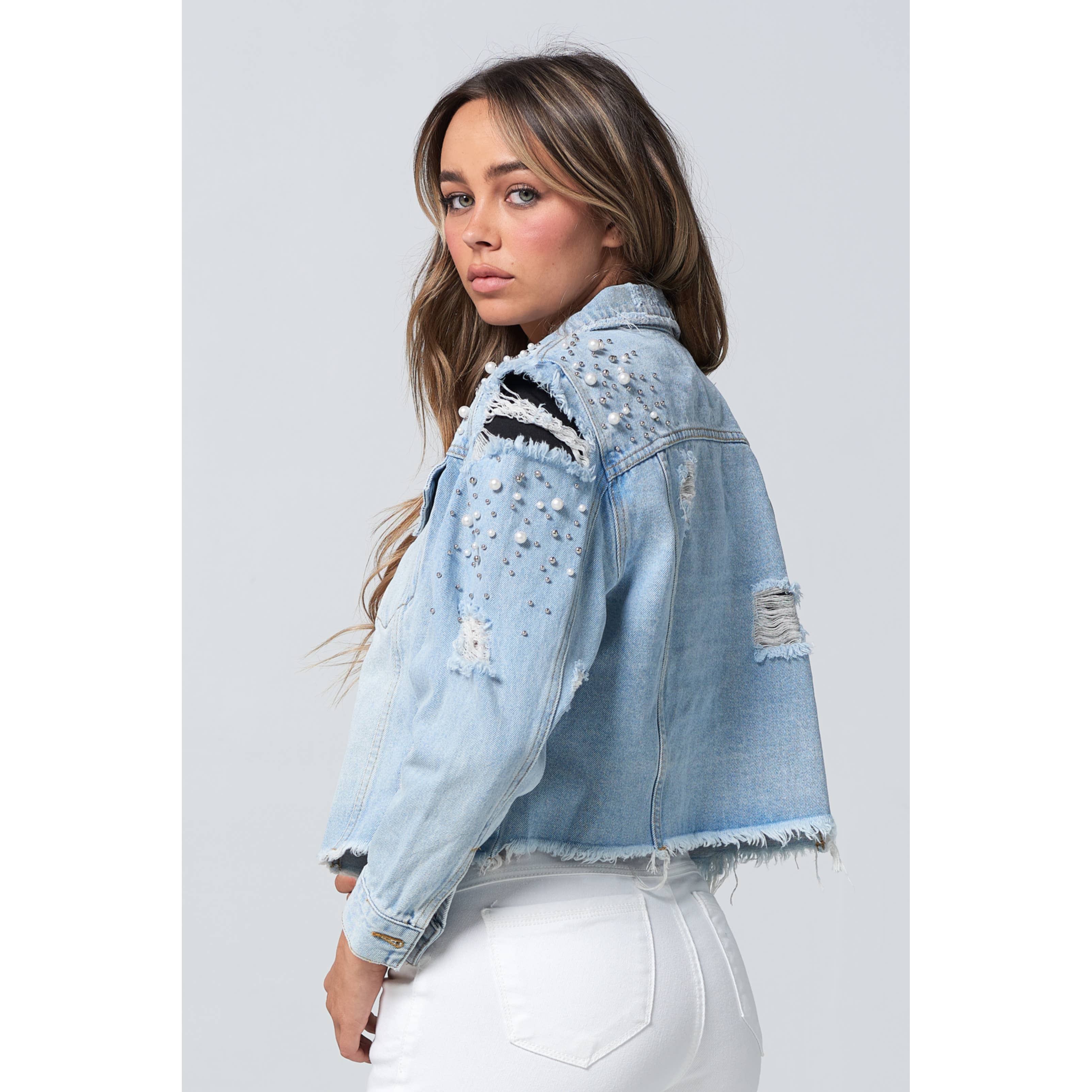 Blue Turtle – wholesale Denim jacket – Women's – Slay Em Distressed Pearl and Rhinestone Denim Jacket Black11
