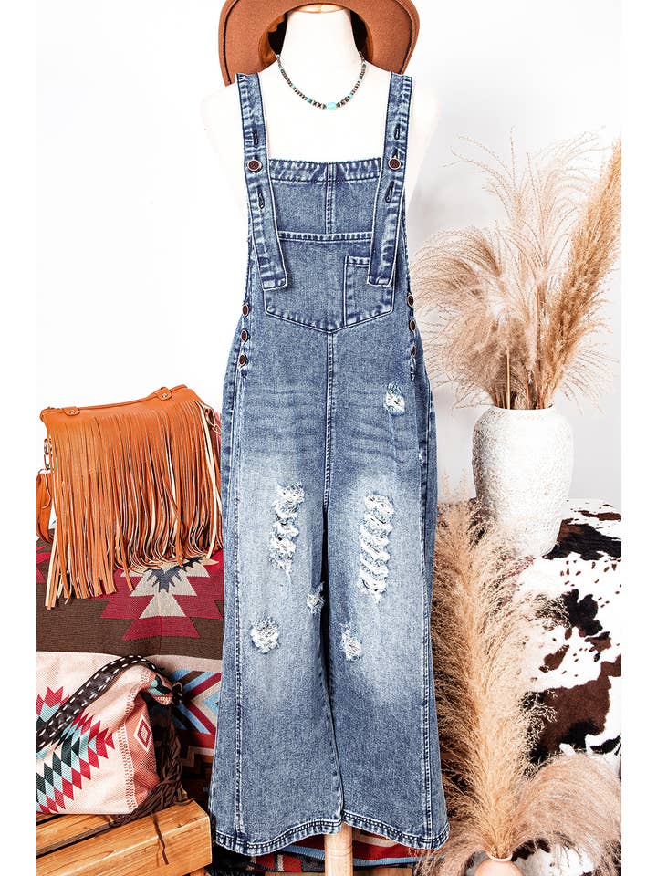 fashionworks - Wholesale Overalls - Women's - Fashion-W Distressed Bib Pocket Wide Leg Denim Overall