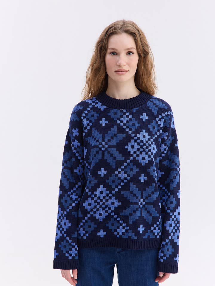 Camisola de Mulher Sofiya Acrílico Lã Azul por atacado de Handmade Originals Ukraine