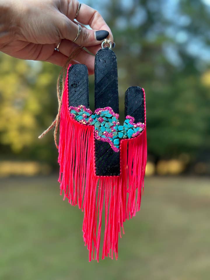 Turquoise Stone Cactus w/ Fringe Car Freshie for wholesale by Sassy Fras Couture