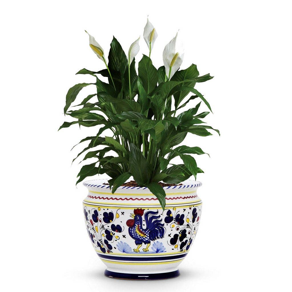 Artistica - Deruta of Italy - Wholesale Plant Pot - ORVIETO BLUE ROOSTER: Luxury Cachepot Planter Small1