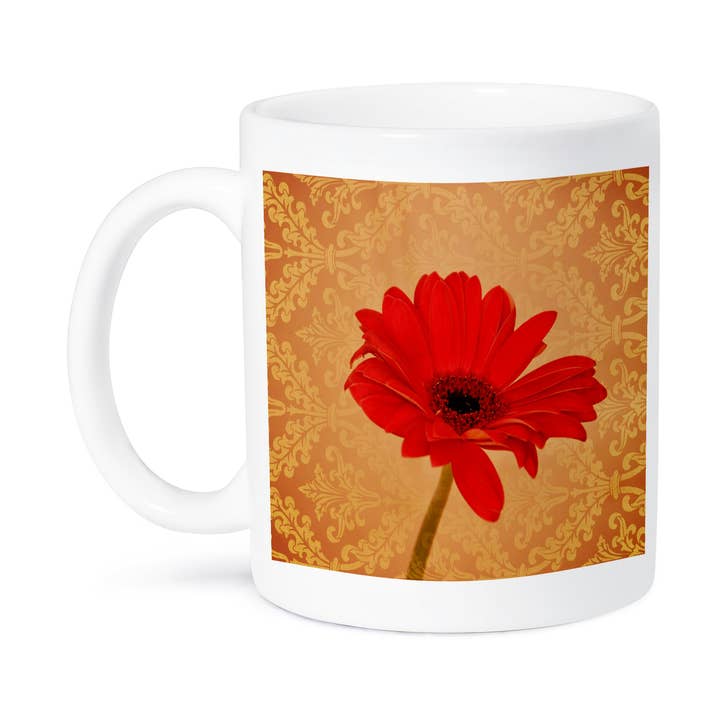 3dRose, Rode Gerbera Bloem met Decoratief Behang - Bloemenprint, Mok voor wholesale door 3dRose