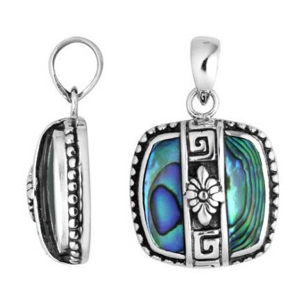 AP-6263-AB Sterling Silver Abalone Shell Square Shape Pendant With Floral Motif Center And Traditional Balinese Ornate Detailing for wholesale by Bali Designs