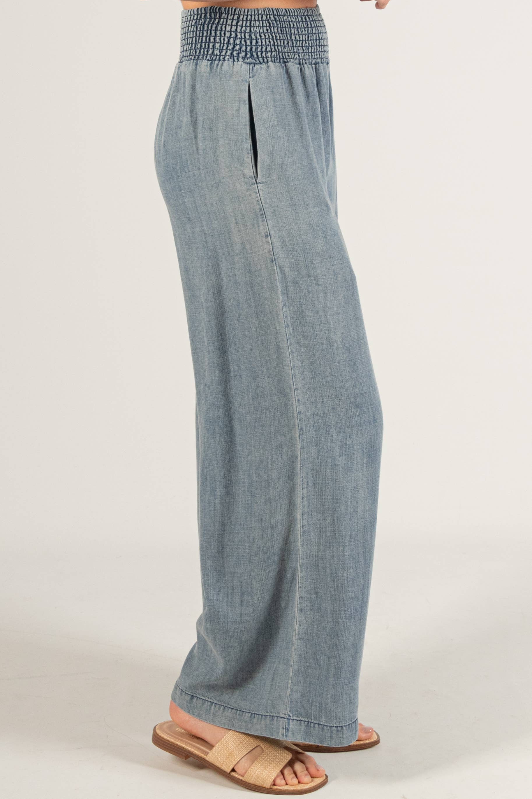 Medium Wash Tencel Wide Leg Pants with Smocked Waist for wholesale on Faire2