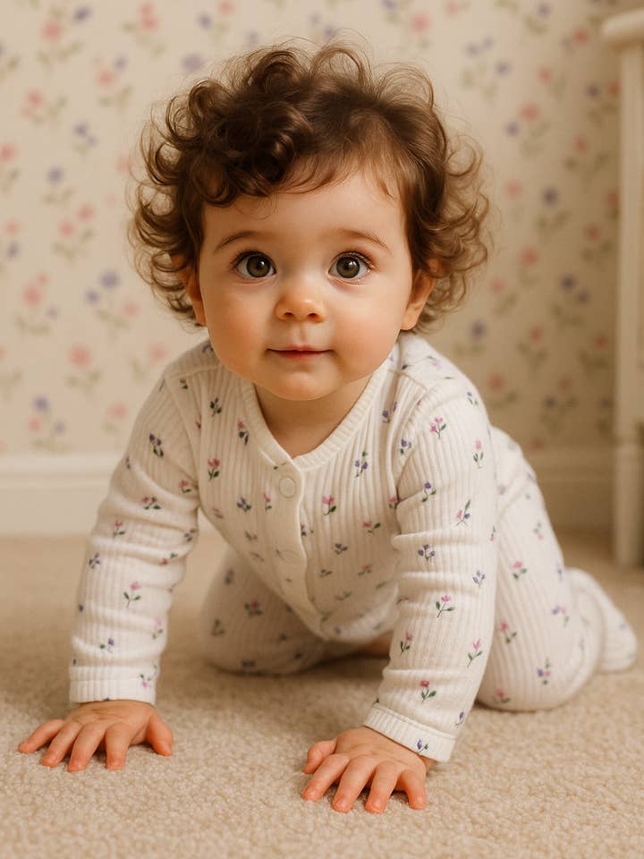 Pyjama pour bébé en coton côtelé à fleurs Lavande Bloom (0-9M) pour la vente par Himmelberg Baby