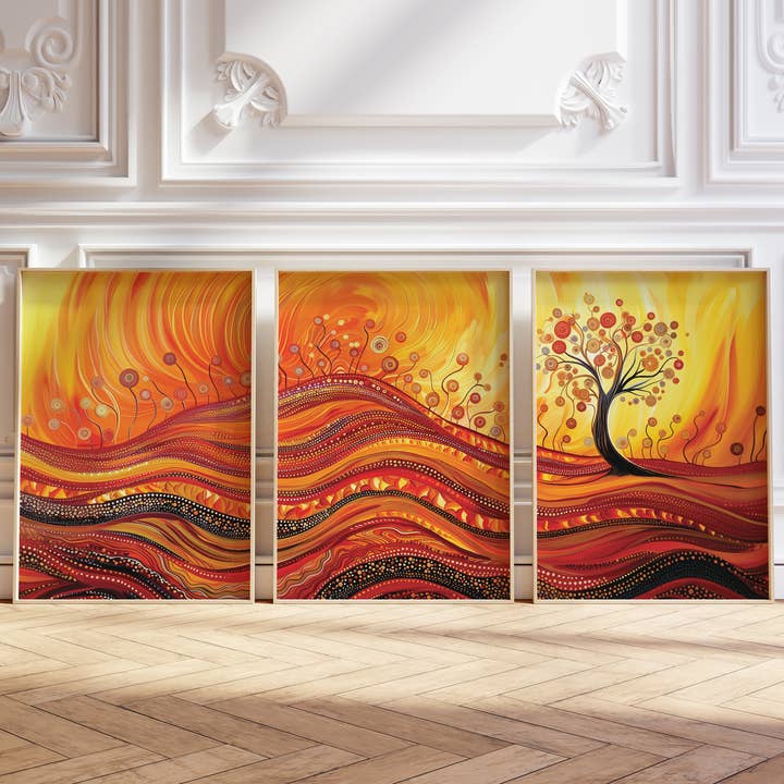 Warm Earth Tone Landscape Triptych – Aboriginal Style Prints for wholesale by IuliiaArtPrints