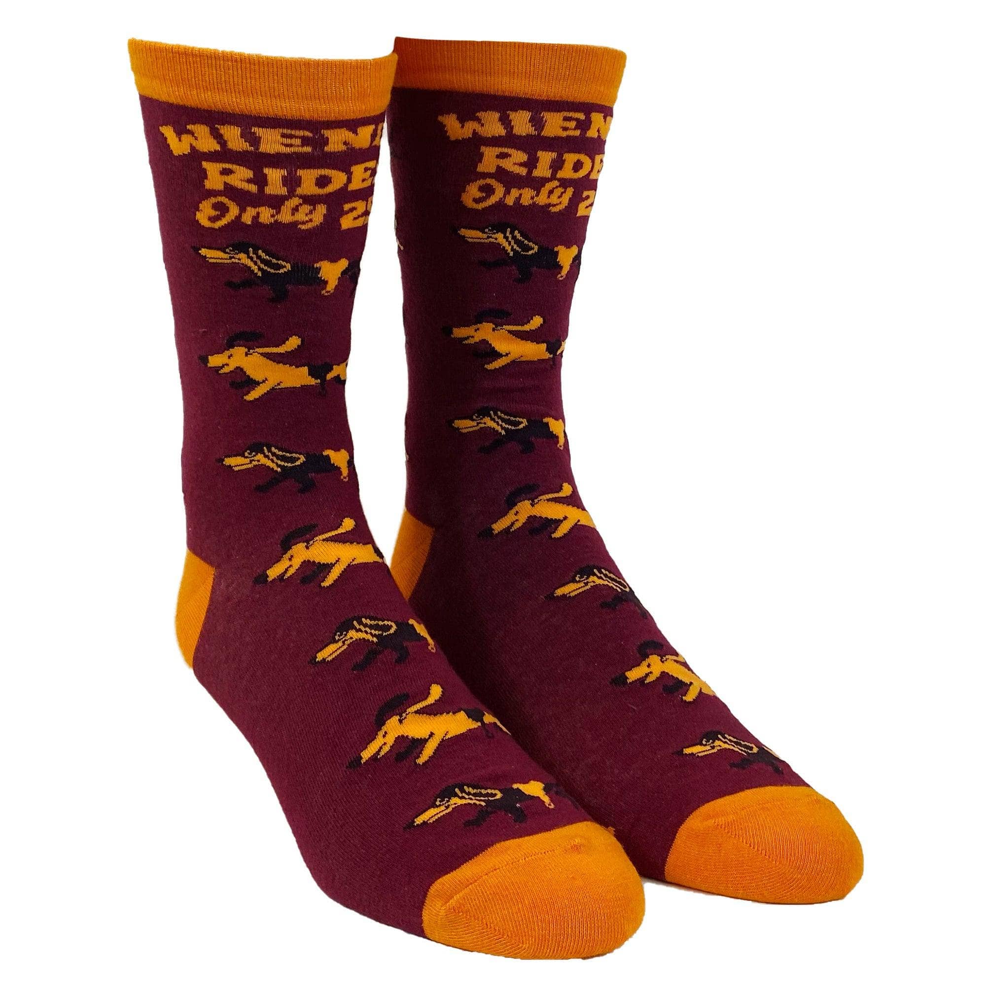 Red Mens Wiener Rides Socks Funny Dog Sock for Guys Daschund for wholesale on Faire1