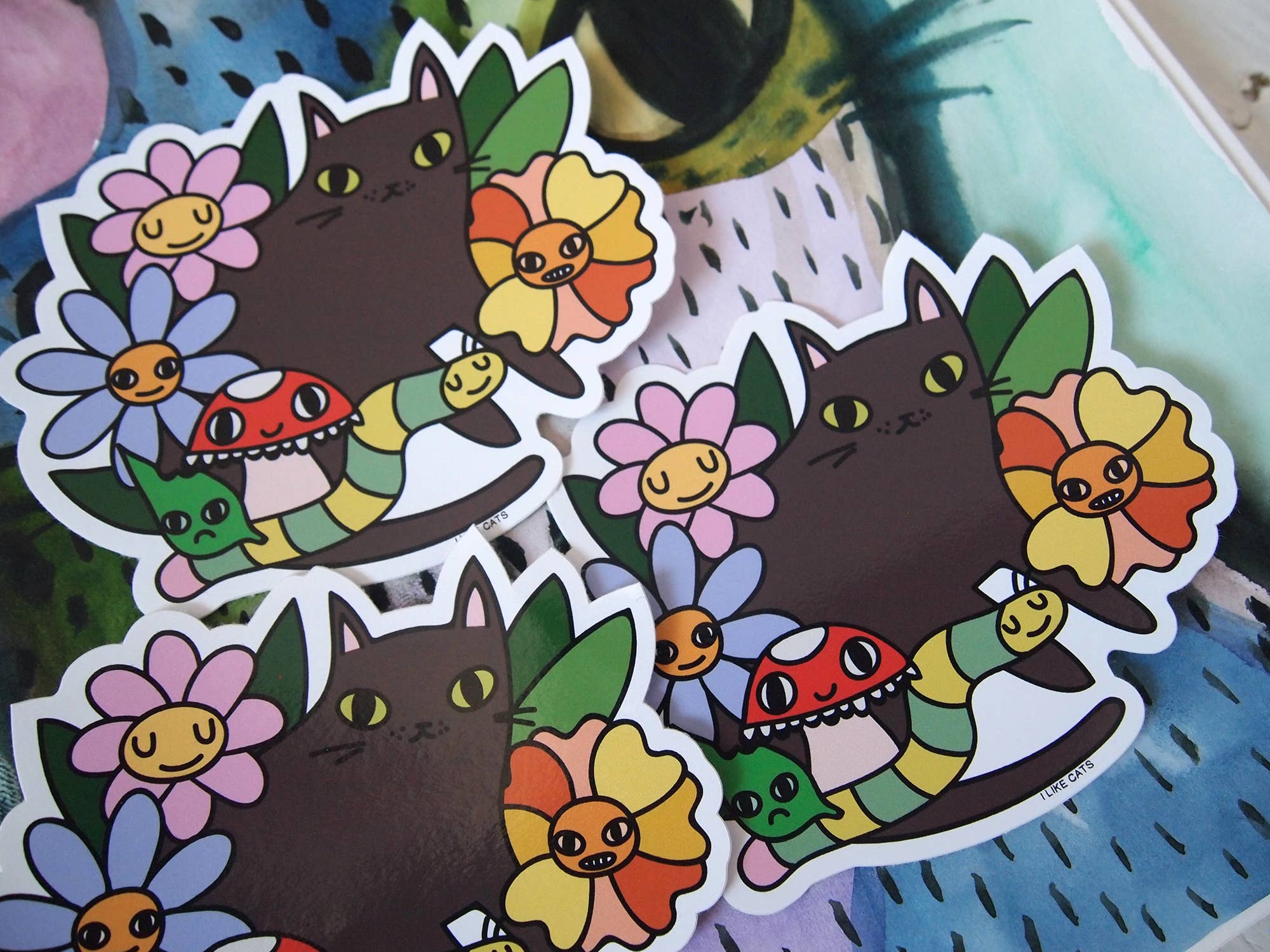 I LIKE CATS - Wholesale Sticker - Black cat with flowers, bugs and mushroom vinyl sticker2