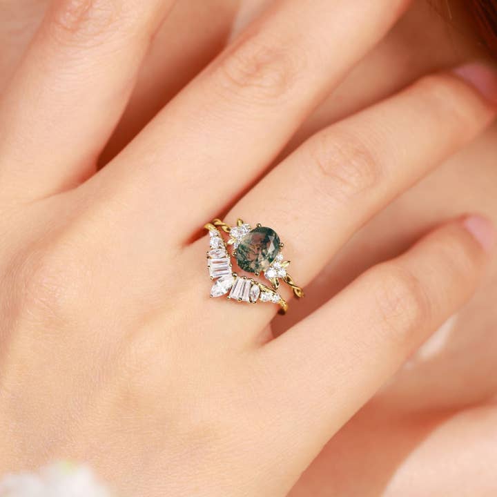 Azura Jewelry - Wholesale Band/Stacked Ring - Enchanted Garden Oval Cut Moss Agate Ring (Yellow Gold)©6