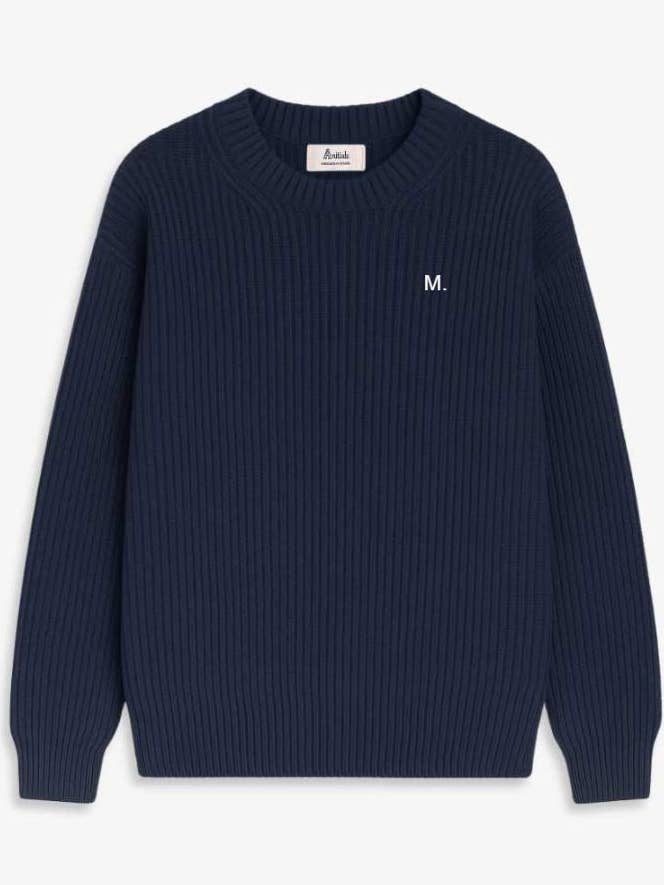 MARINEBLAUWE GEBREIDE TRUI | MINIMALISTISCH BORDUURWERK voor wholesale door Anitials