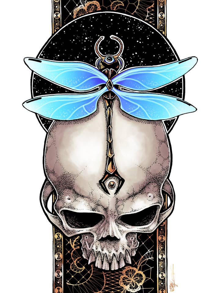 Adesivo da 12,7 cm: Dragonfly Skull, vinile impermeabile, fustellato, Stkr per la vendita all'ingrosso da parte di Indi Martin Art