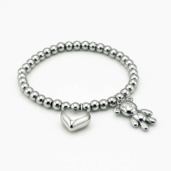Stainless Steel Beaded Bracelet with Heart and Teddy Bear Charms for wholesale by Sedy Jewelry