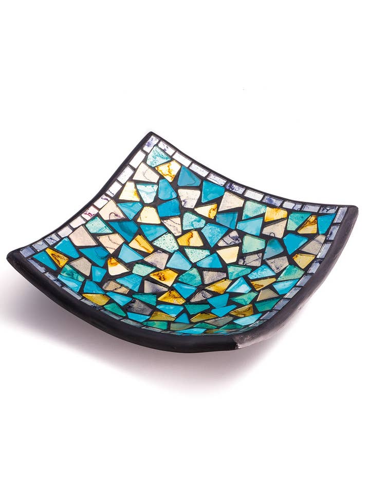 Assiette carrée pour bougie en mosaïque turquoise et or pour la vente par Namaste