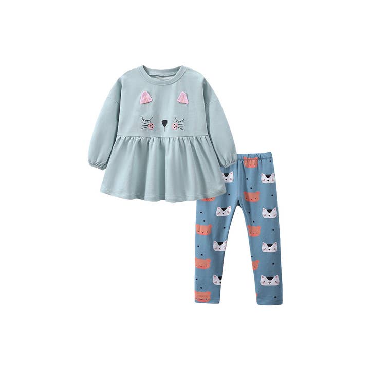 Conjunto de jersey con diseño de patrón de gatita y leggings largos para venta al por mayor de MyKids-USA®