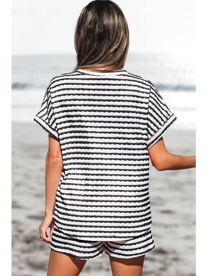Aapparella - Vente Ensemble de vêtements d'intérieur – femme - Ensemble haut tricoté à rayures et short à cordon | S-XL