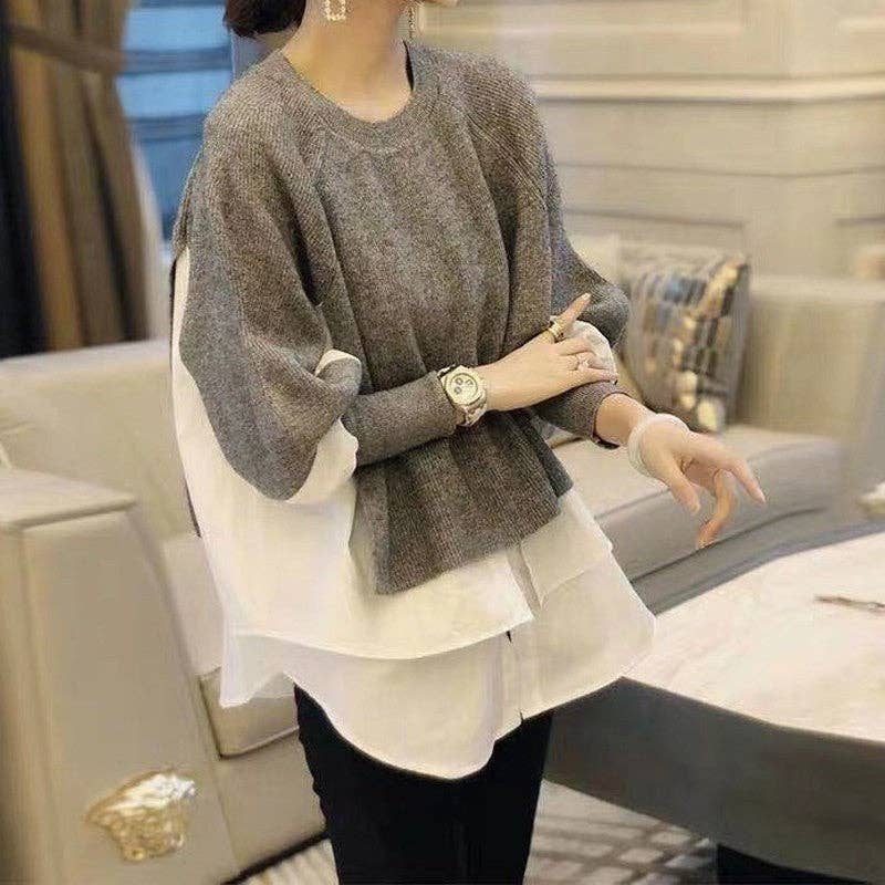 UZ Wholesale Store - Wholesale Knit Sweater - Women's - Long Sleeve Crewneck Patchwork Fake-Two Pullover Sweater3