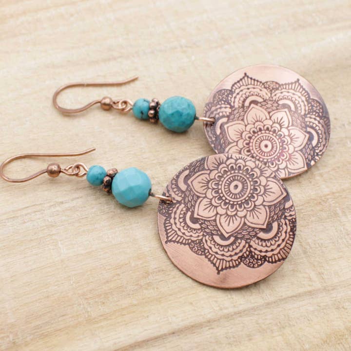 Pillar of Salt Studio - Wholesale Dangle Earrings - Handcrafted Solid Copper Mandala Earrings w/ Turquoise3