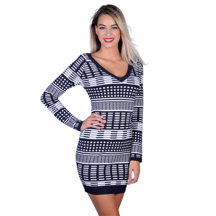 Importation 1867 - Wholesale Dress - Women's - V-Neck Bodycon Mini Knit Sweater Dress6