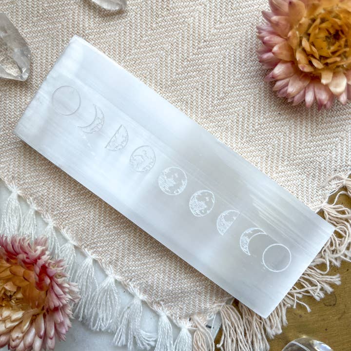 "Moon Phases" Small Selenite Crystal Charging Rectangle for wholesale by Fractalista Designs