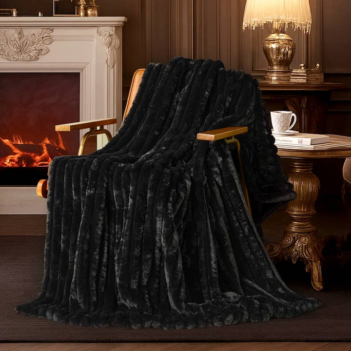 DreamValley - Wholesale Throw Blanket - AH Faux Rabbit Fur Luxurious Striped Throw Blanket 55"x70"