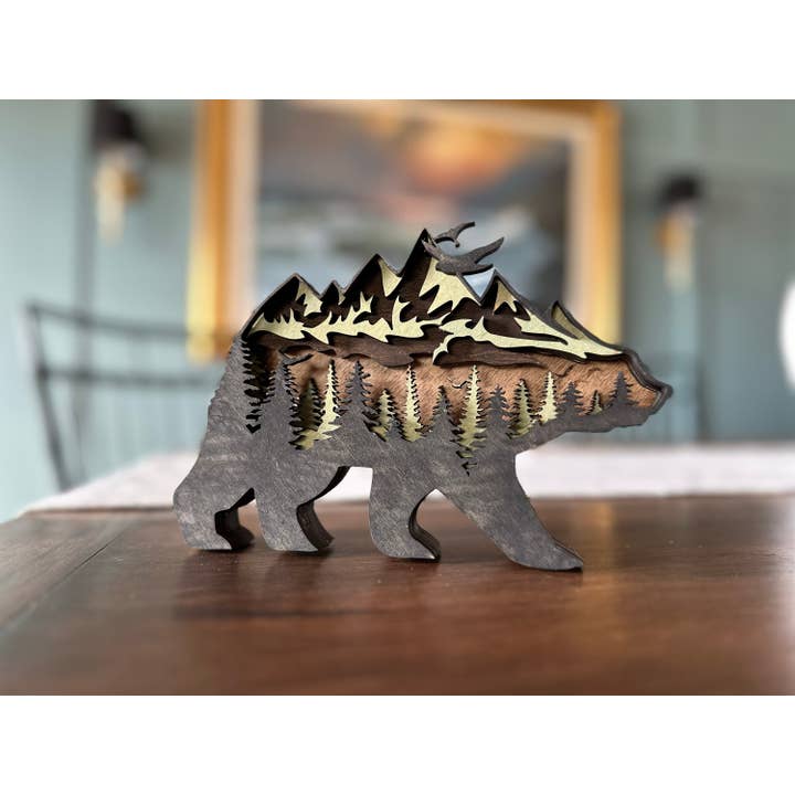 Rustic Layered Wooden Bear Silhouette Wall Art for wholesale by Carving Nomad