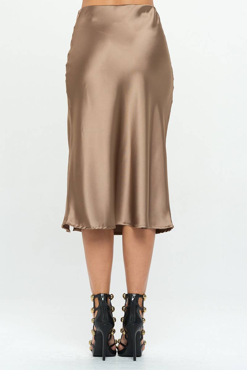 DUNE Made in USA Jupe mi-longue en satin extensible uni avec fente en vente sur Faire4