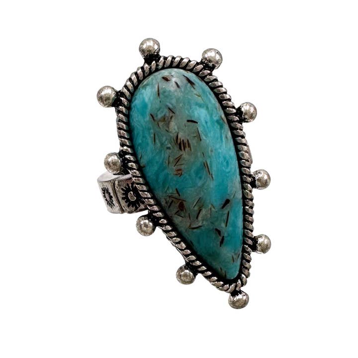 Lunar Deer - Wholesale Cocktail/Statement Ring - Large Teardrop Turquoise Stone Western Stretch Ring