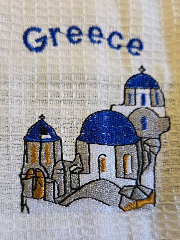 Charming Greek Kitchen Towels - 100% Cotton with Embroidered Scenes and Assorted Greek Key Borders for wholesale by 2 Greeks Inc