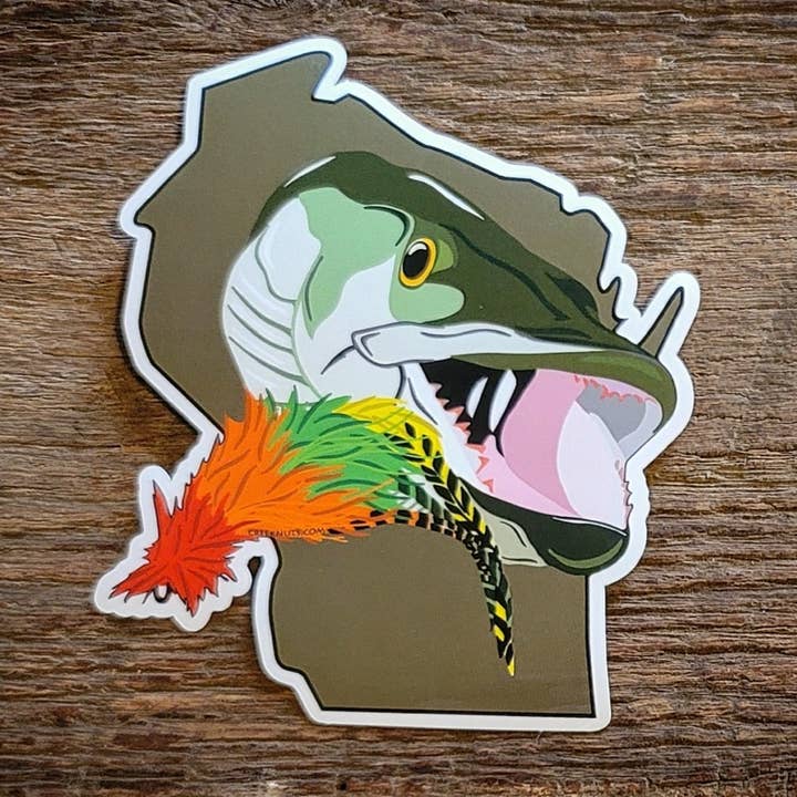 Musky on Wisconsin Sticker for wholesale by creeknuts.com