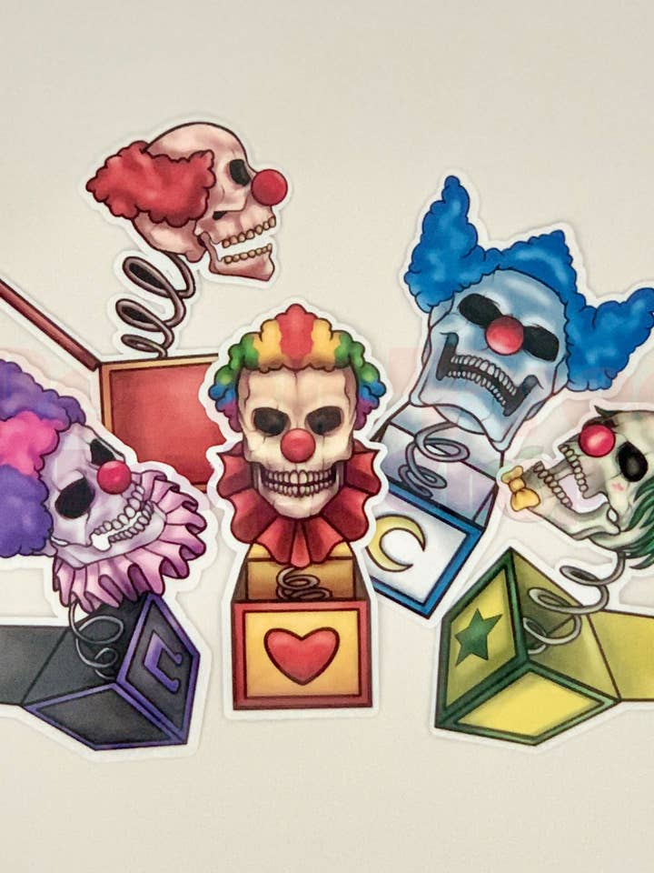 Pegatinas de Halloween de Jack-in-the Box de payaso espeluznante para venta al por mayor de Peach Tree Design Shop