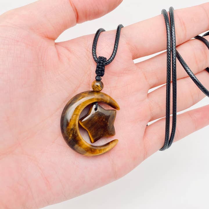 Tiger's Eye Stone Cresent and Star Charm Necklace for wholesale by Mio Queena