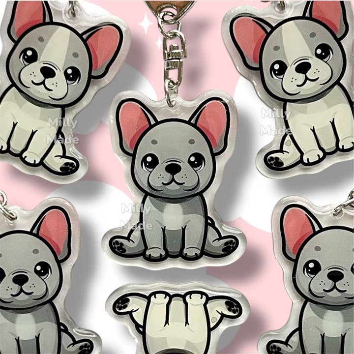 Blue French Bulldog Frenchie Acrylic Dog Keychain with Epoxy Resin | Easy-Clip, Cute Dog Cartoon, Hand-Drawn Design, Dog Lover Gift for wholesale by Milly Made Designs