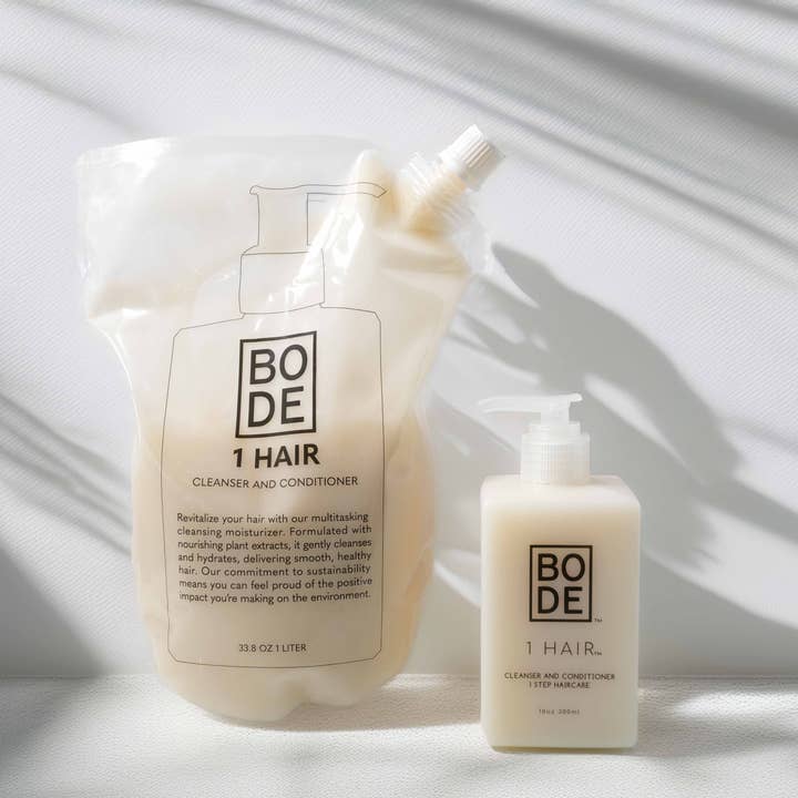 1 Hair Cleansing Moisturizer 10oz and 33.8oz refillable bag for wholesale by Hey Bode
