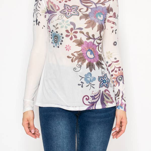 Minimalistisk genomskinlig långärmad topp i helt nät – 4846IV EMBO FL för wholesale av Origami Apparel ~ Lace and Crochet inspired