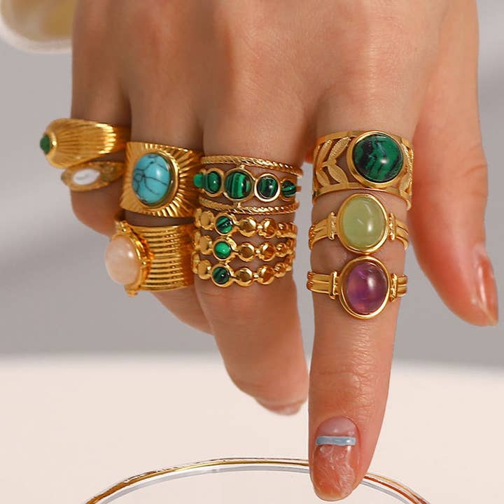 ACCITY - Wholesale Cocktail/Statement Ring - GOLD STAINLESS STEEL INLAID NATURAL STONE RINGS_CWAJE0611