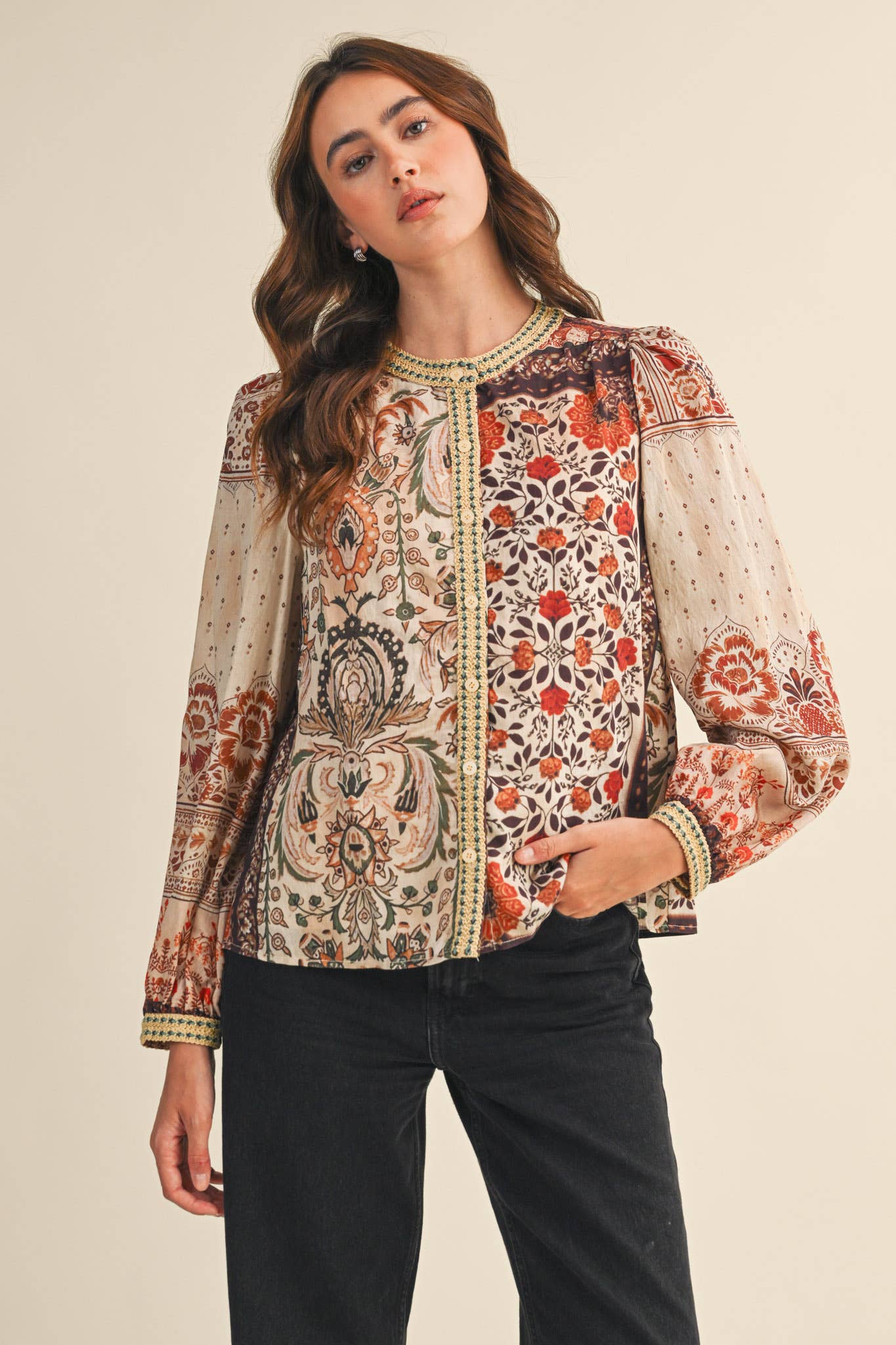 &MERCI - Wholesale Button Down Shirt - Women's - PATCHWORK PRINT CROCHET TRIM BUTTON DOWN TOP MTP4382