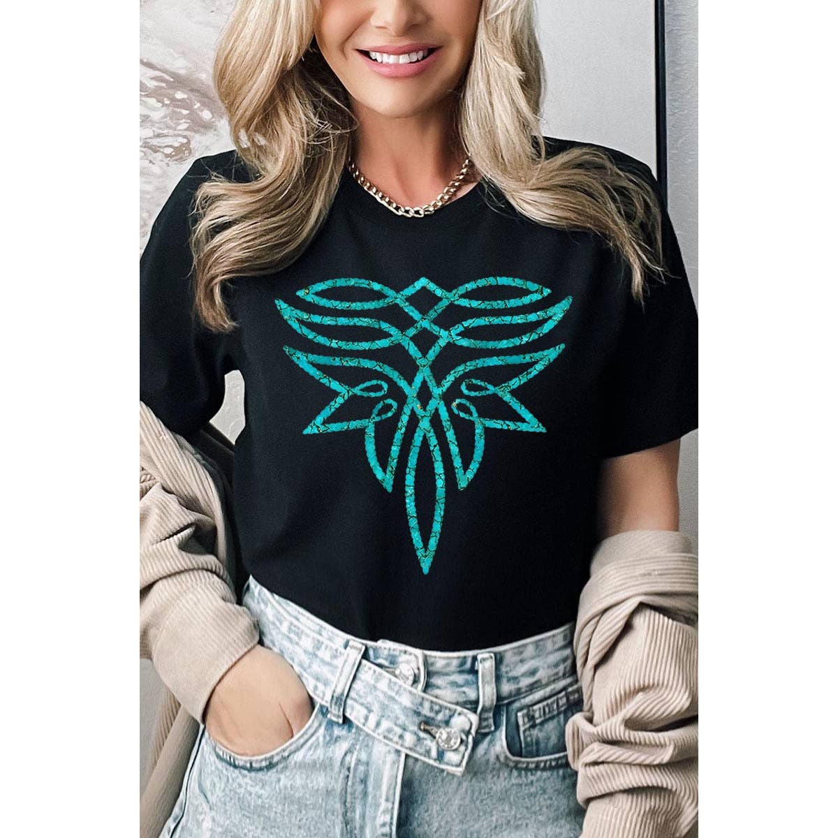 COLORBEAR - Vente T-shirt à imprimés – femme - T-shirts graphiques turquoises au point de botte - Mélange chiné noir3