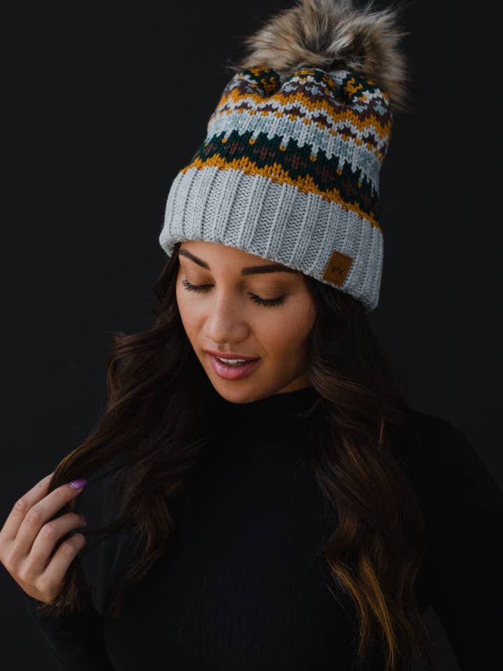 Gray & Multicolored Patterned Pom Hat for wholesale by Panache Apparel Co.