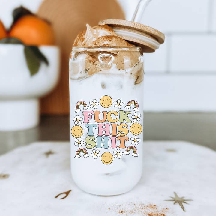 Tasse en verre F This S 16 oz avec couvercle en bambou pour la vente par Boho + Babe