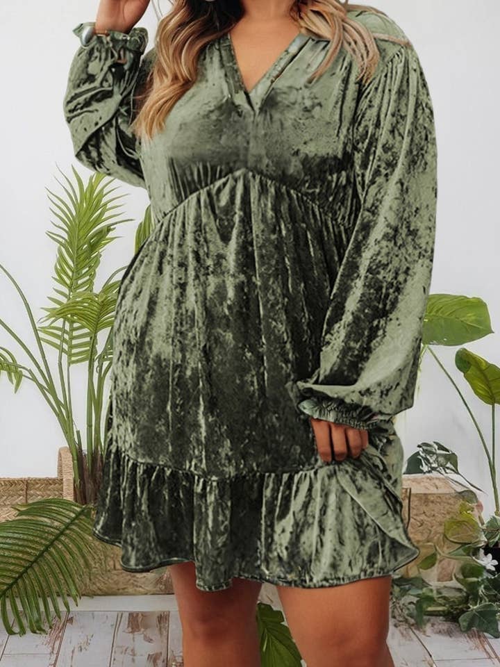 Plus Size Velvet Babydoll Mini Dress with Puff Sleeve for wholesale by 66DISCO