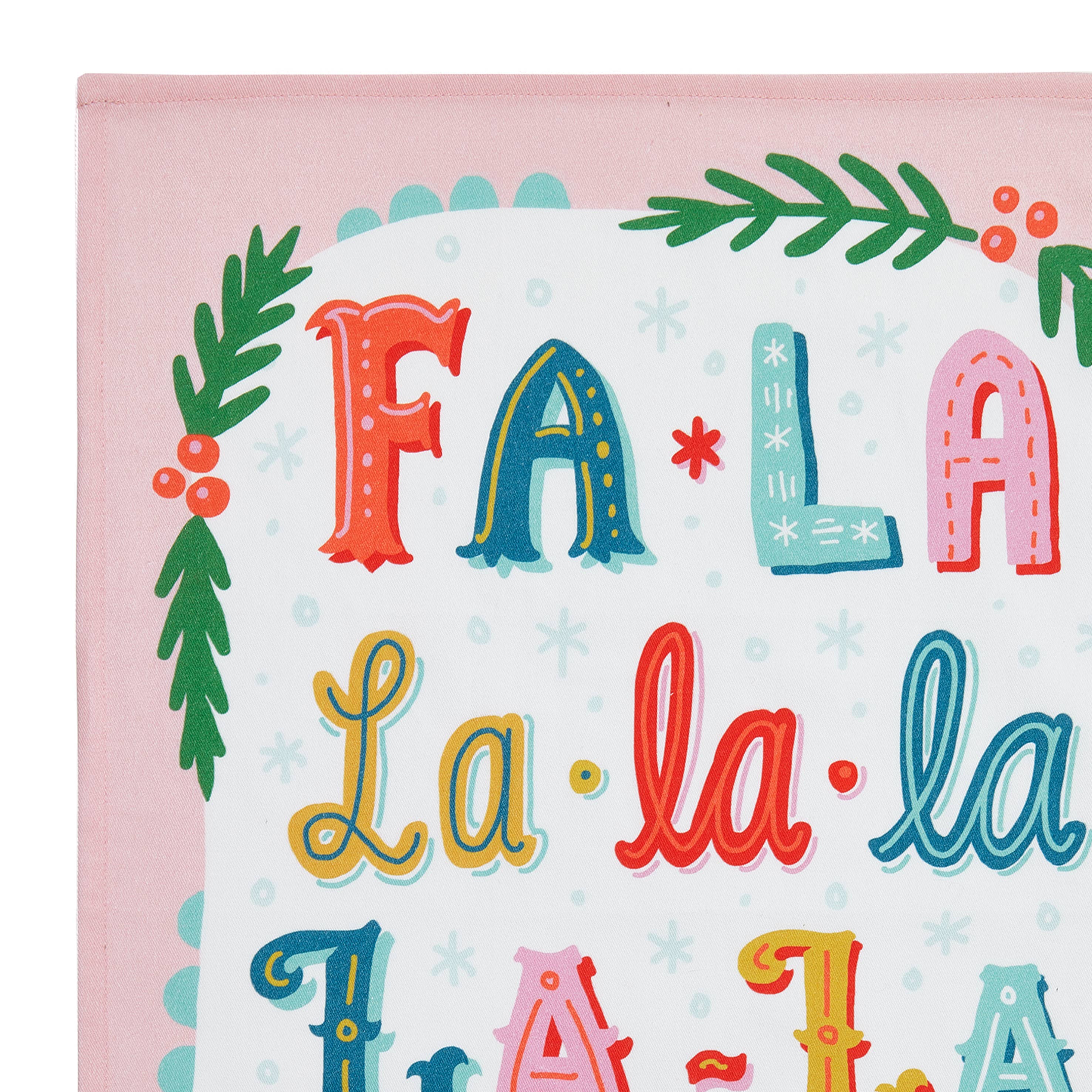 Peking Handicraft - Wholesale Tea Towel - Fa La La La w/Pom Poms Kitchen Towel - Angela Staehling1
