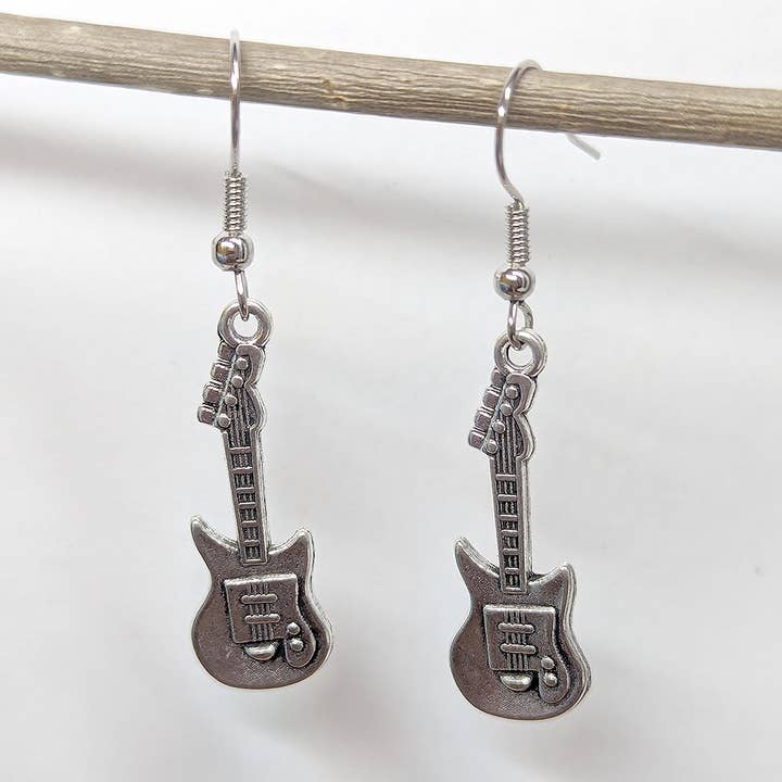 Stylish Jewelry Supply - Wholesale Dangle Earrings - Electric Guitar Musical Instrument Antique Silver Earrings