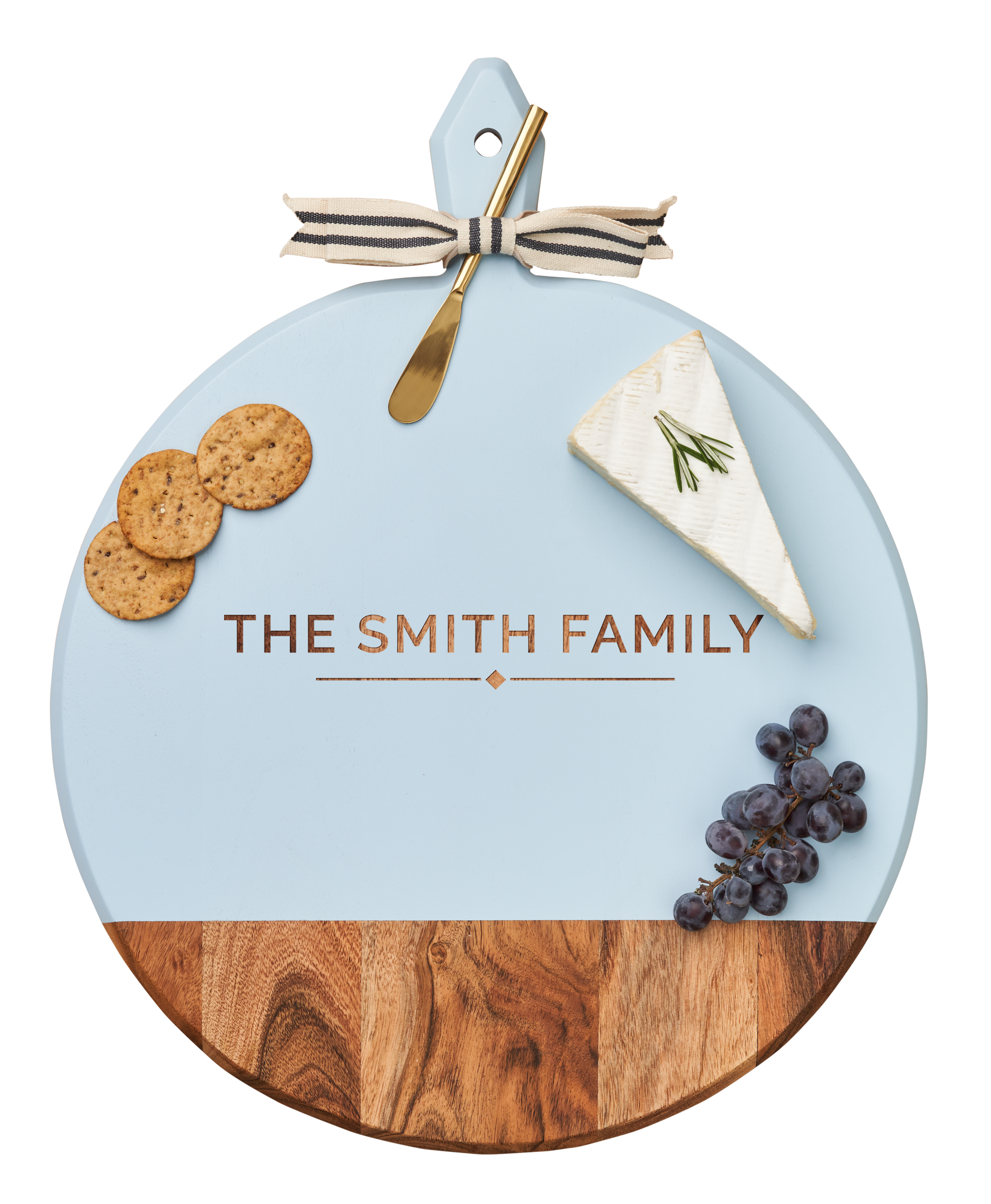 Sophistiplate – wholesale Cheese board – Acacia Heirloom Board w/ Handle Round w/ Gold Spreader and Ribbon | 20 x 16"1