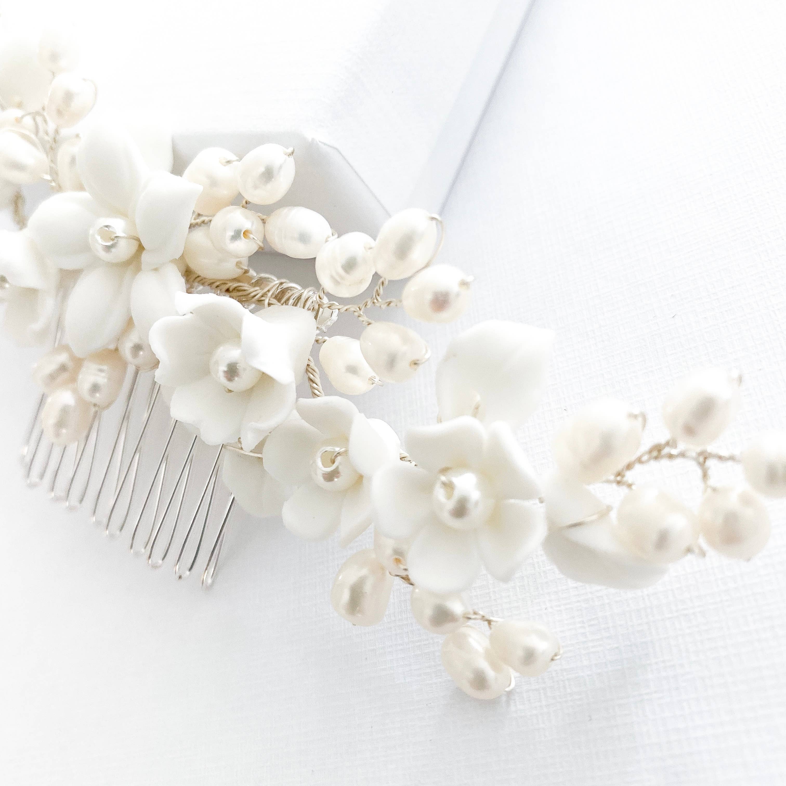 Nicholls Jewellery - Wholesale Hair Pin - Porcelain White Flower and Freshwater Pearl Comb3
