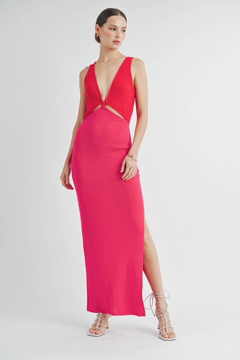 AIBLEE - Vendita all'ingrosso Vestito - Donna - Abito lungo in maglia a blocchi di colore con ritagli6