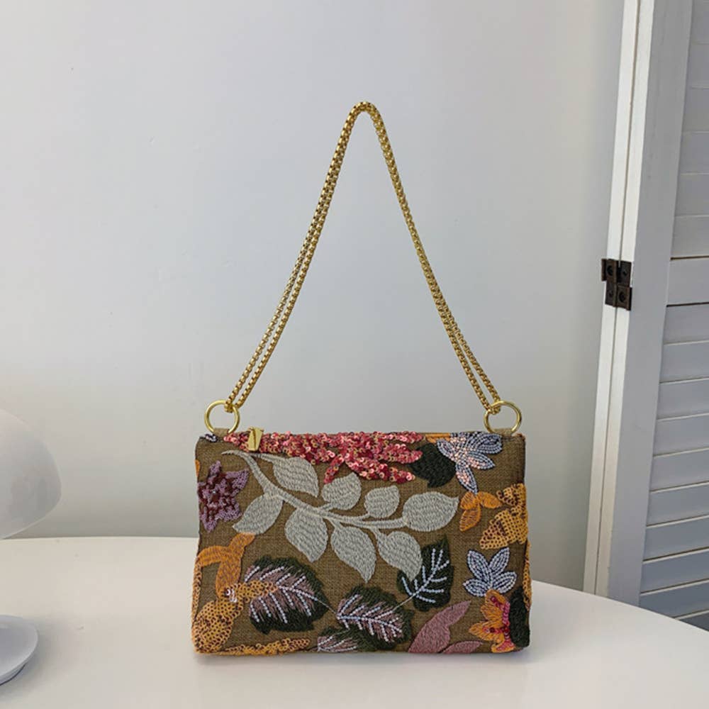 Marron Sac à main brodé à sequins avec chaîne en vente sur Faire1