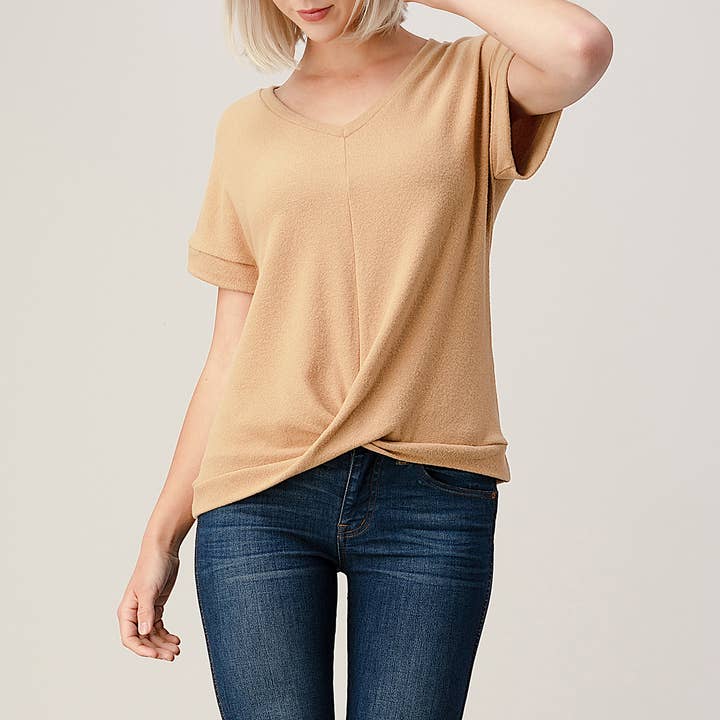 Heimious - Wholesale Knit Top - Women's - Twist Front Short Sleeve Brushed Knit Top, T3569